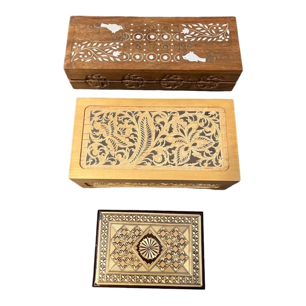 3 Handmade Ornate Folk Art Undamaged Boxes, 2 Hinged 1 Lift Off Lid